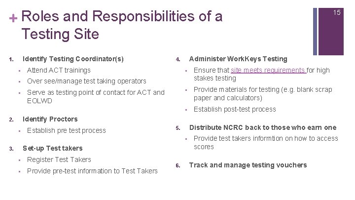+ Roles and Responsibilities of a Testing Site Identify Testing Coordinator(s) 1. § Attend