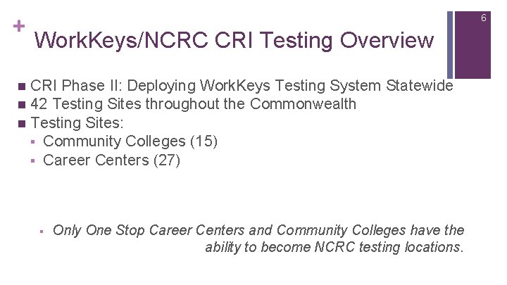 + 6 Work. Keys/NCRC CRI Testing Overview CRI Phase II: Deploying Work. Keys Testing