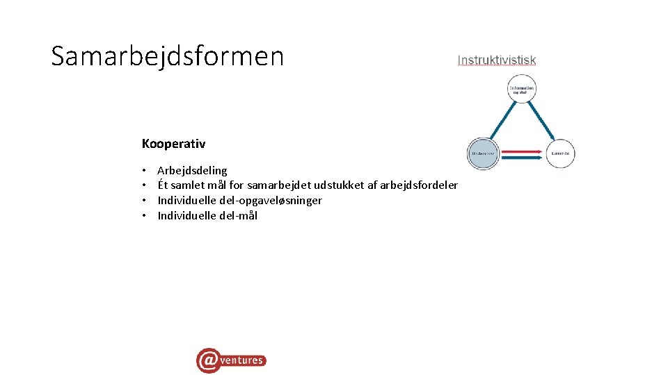 Samarbejdsformen Kooperativ • • Arbejdsdeling Ét samlet mål for samarbejdet udstukket af arbejdsfordeler Individuelle