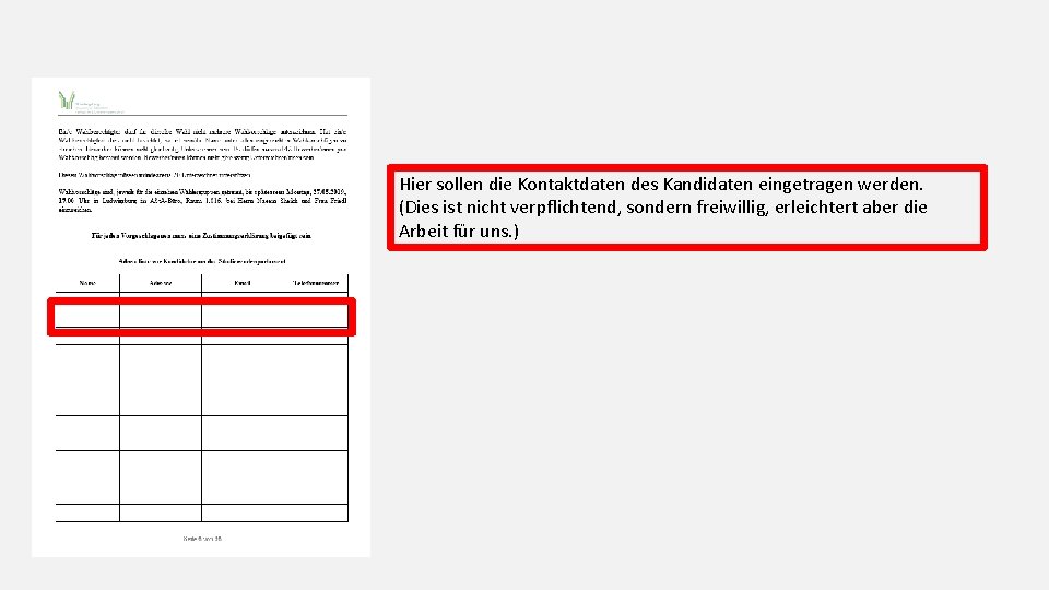 Hier sollen die Kontaktdaten des Kandidaten eingetragen werden. (Dies ist nicht verpflichtend, sondern freiwillig,