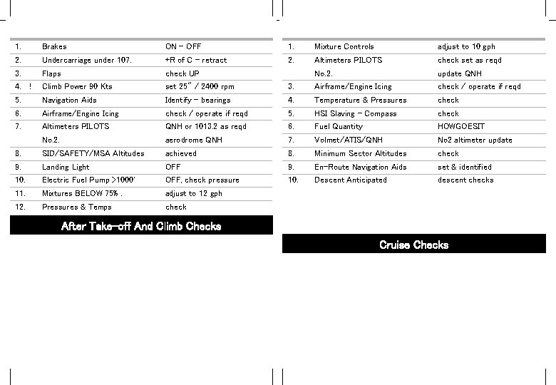 1. Brakes ON - OFF 1. Mixture Controls adjust to 10 gph 2. Undercarriage