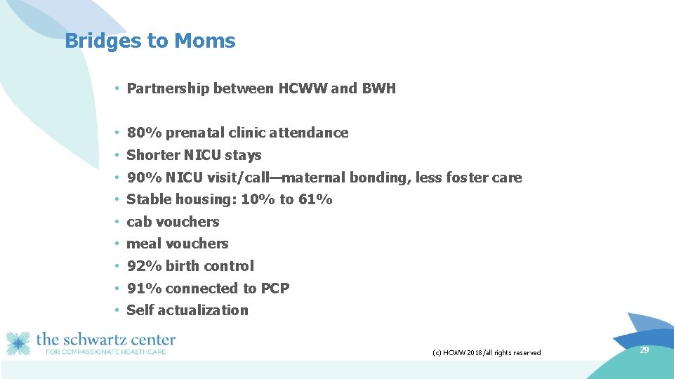 Bridges to Moms • Partnership between HCWW and BWH • 80% prenatal clinic attendance