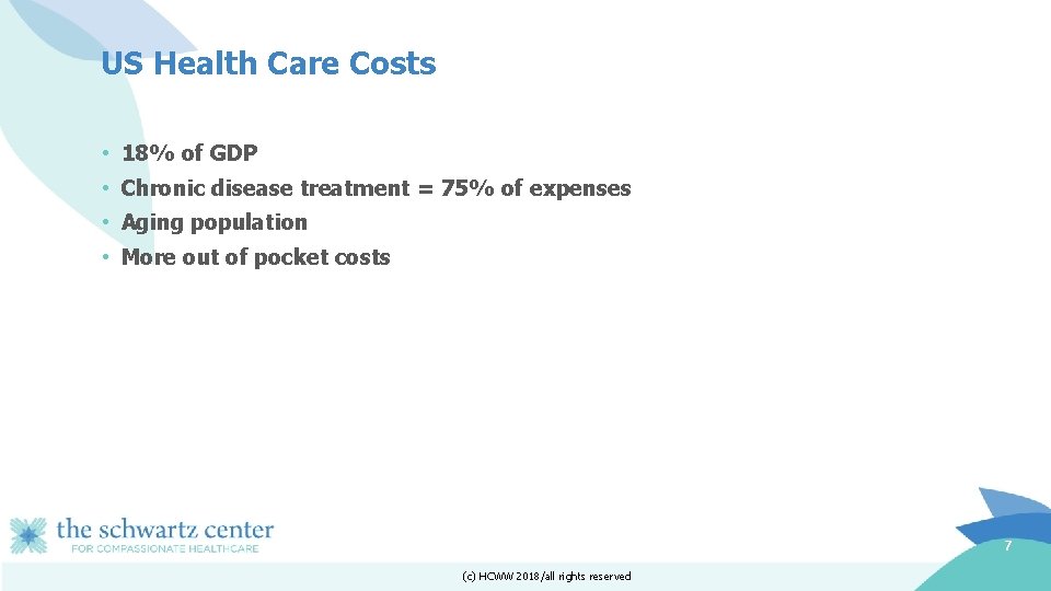 US Health Care Costs • 18% of GDP • Chronic disease treatment = 75%