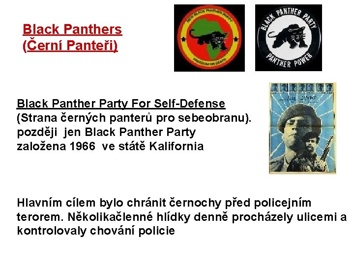 Black Panthers (Černí Panteři) Black Panther Party For Self-Defense (Strana černých panterů pro sebeobranu).
