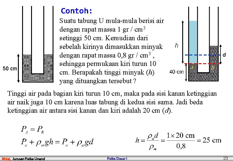 Contoh: 50 cm Suatu tabung U mula-mula berisi air dengan rapat massa 1 gr