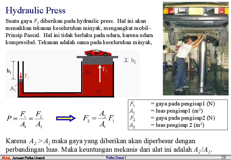 Hydraulic Press Suatu gaya F 1 diberikan pada hydraulic press. Hal ini akan menaikkan