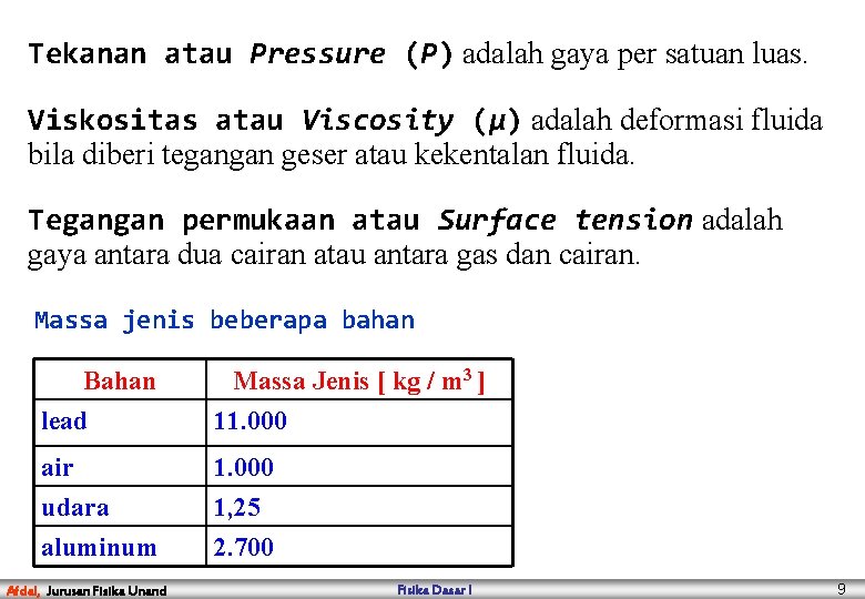 Tekanan atau Pressure (P) adalah gaya per satuan luas. Viskositas atau Viscosity (μ) adalah