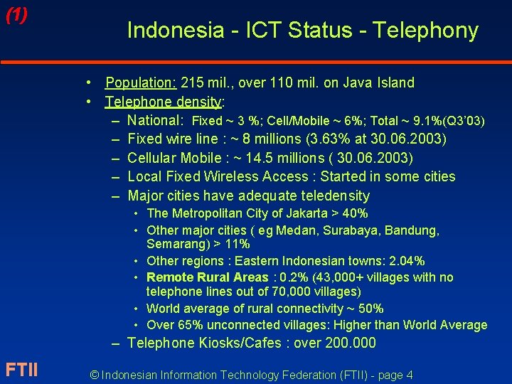 (1) Indonesia - ICT Status - Telephony • Population: 215 mil. , over 110