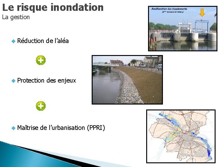 Le risque inondation La gestion Réduction de l’aléa Protection des enjeux Maîtrise de l’urbanisation