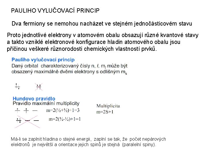 PAULIHO VYLUČOVACÍ PRINCIP Dva fermiony se nemohou nacházet ve stejném jednočásticovém stavu Proto jednotlivé