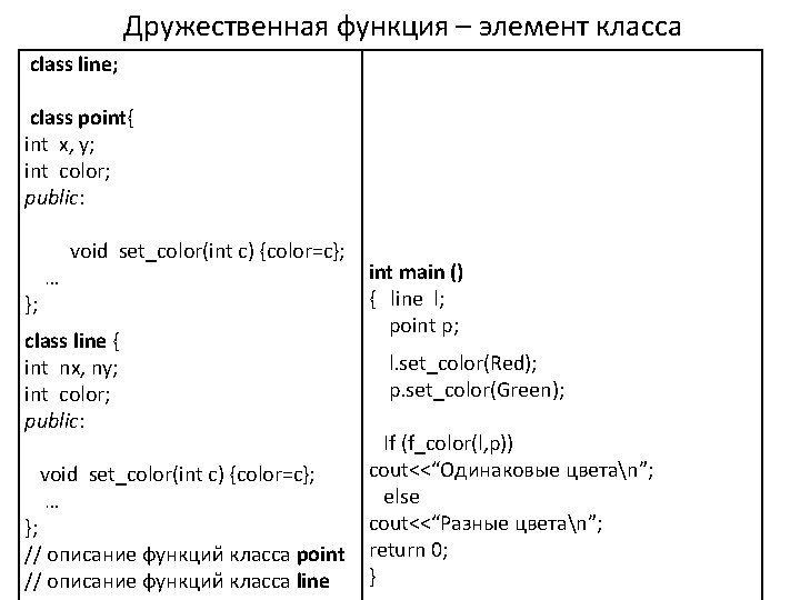 Дружественная функция – элемент класса class line; class point{ int x, y; int color;