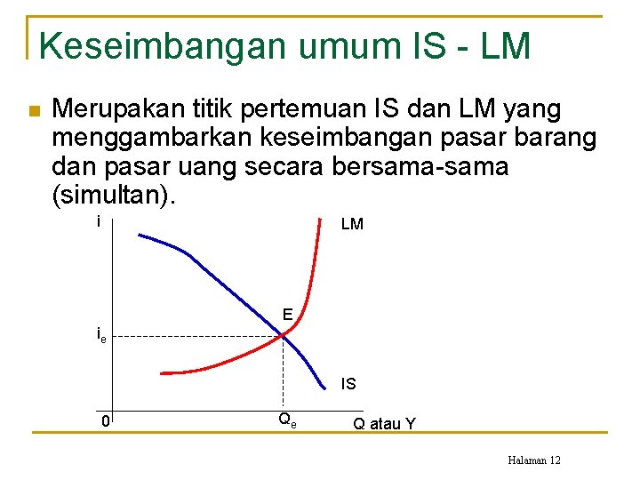 Keseimbangan umum IS - LM n Merupakan titik pertemuan IS dan LM yang menggambarkan
