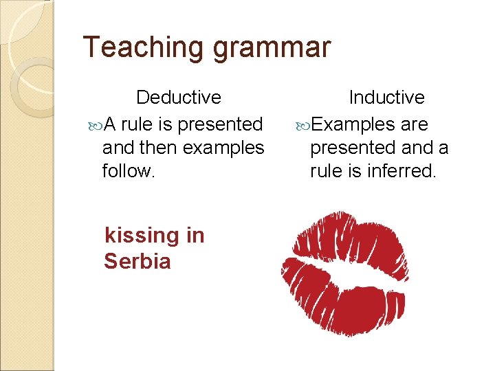 Teaching grammar Deductive A rule is presented and then examples follow. kissing in Serbia