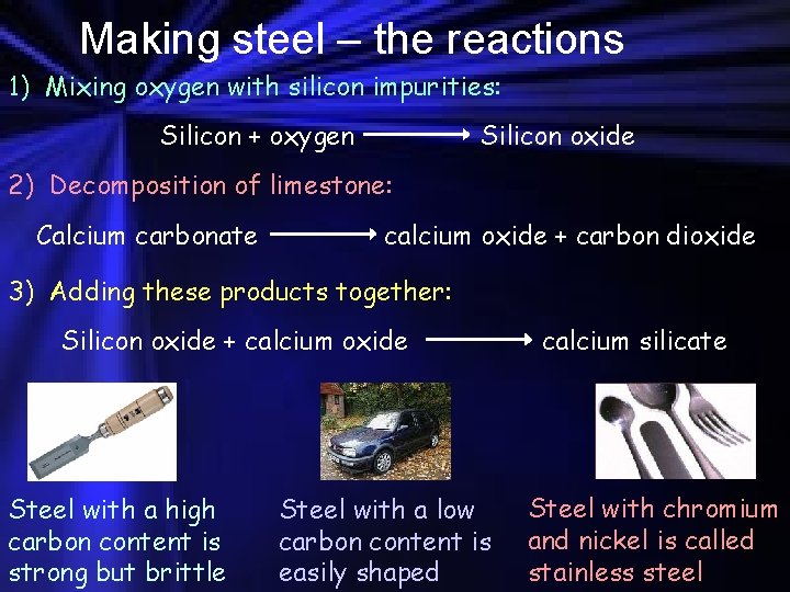 Making steel – the reactions 1) Mixing oxygen with silicon impurities: Silicon + oxygen