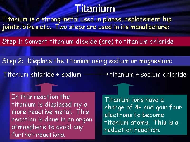 Titanium is a strong metal used in planes, replacement hip joints, bikes etc. Two