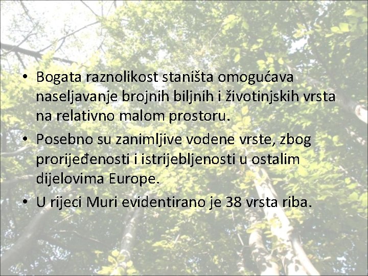  • Bogata raznolikost staništa omogućava naseljavanje brojnih biljnih i životinjskih vrsta na relativno