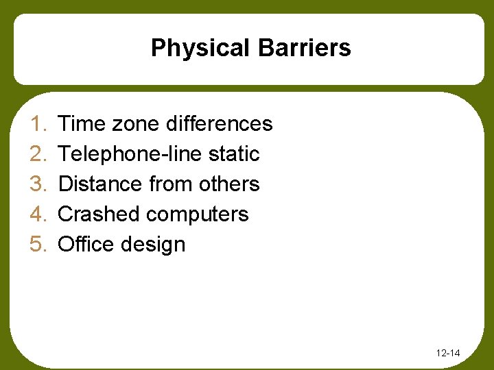 Physical Barriers 1. 2. 3. 4. 5. Time zone differences Telephone-line static Distance from