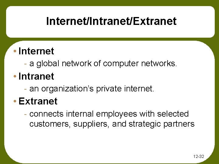 Internet/Intranet/Extranet • Internet - a global network of computer networks. • Intranet - an