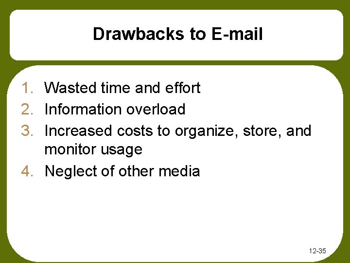 Drawbacks to E-mail 1. Wasted time and effort 2. Information overload 3. Increased costs