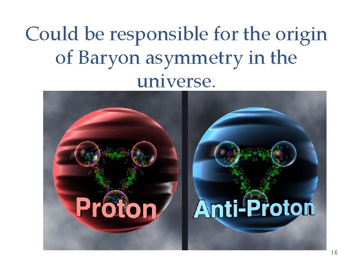 Could be responsible for the origin of Baryon asymmetry in the universe. 16 