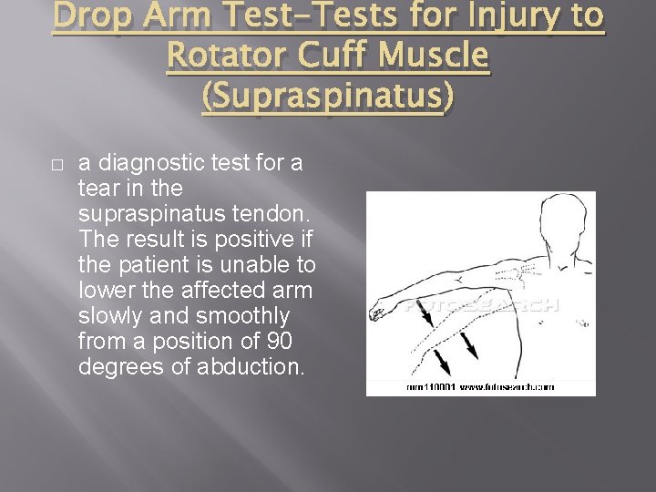 Drop Arm Test-Tests for Injury to Rotator Cuff Muscle (Supraspinatus) � a diagnostic test