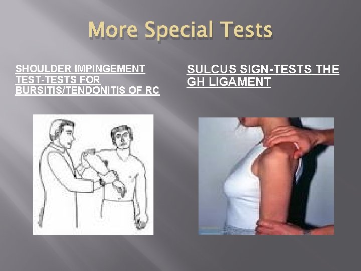 More Special Tests SHOULDER IMPINGEMENT TEST-TESTS FOR BURSITIS/TENDONITIS OF RC SULCUS SIGN-TESTS THE GH