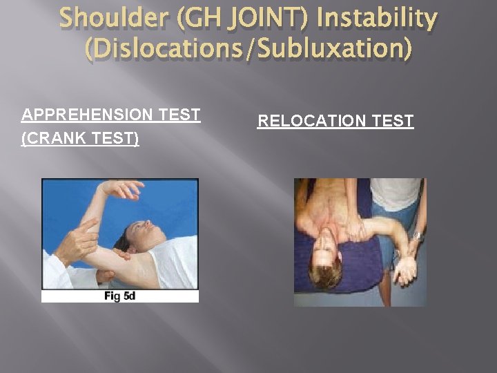 Shoulder (GH JOINT) Instability (Dislocations/Subluxation) APPREHENSION TEST (CRANK TEST) RELOCATION TEST 