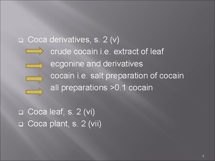 q Coca derivatives, s. 2 (v) crude cocain i. e. extract of leaf ecgonine