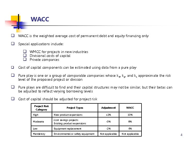 WACC q WACC is the weighted average cost of permanent debt and equity financing