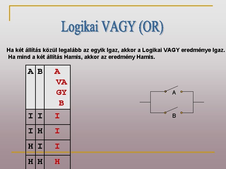 Ha két állítás közül legalább az egyik Igaz, akkor a Logikai VAGY eredménye Igaz.