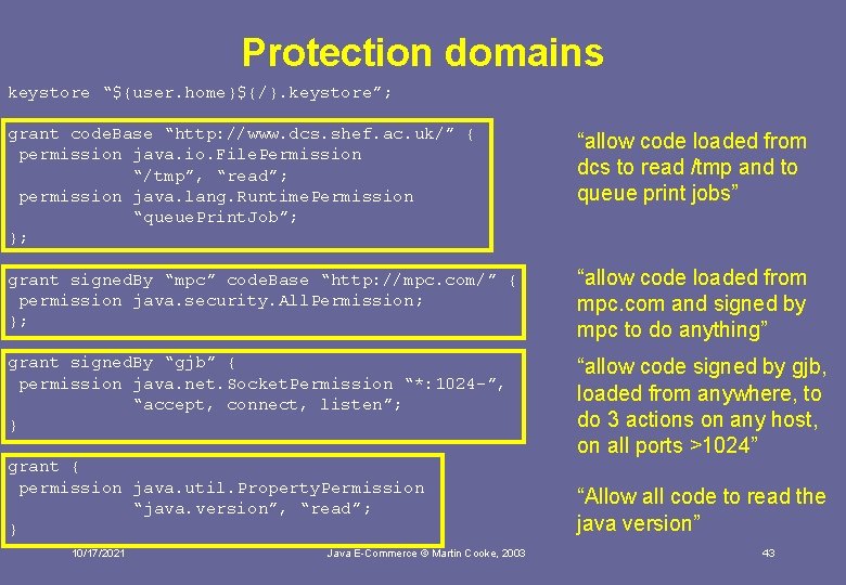 Protection domains keystore “${user. home}${/}. keystore”; grant code. Base “http: //www. dcs. shef. ac.
