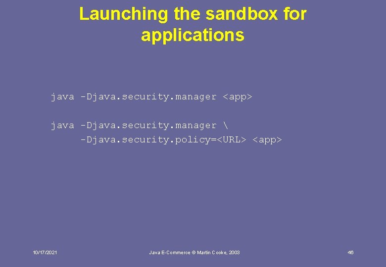 Launching the sandbox for applications java -Djava. security. manager <app> java -Djava. security. manager