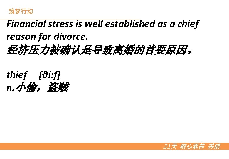 筑梦行动 Financial stress is well established as a chief reason for divorce. 经济压力被确认是导致离婚的首要原因。 thief