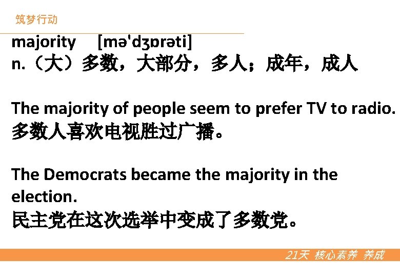 筑梦行动 majority [mə'dʒɒrəti] n. （大）多数，大部分，多人；成年，成人 The majority of people seem to prefer TV to