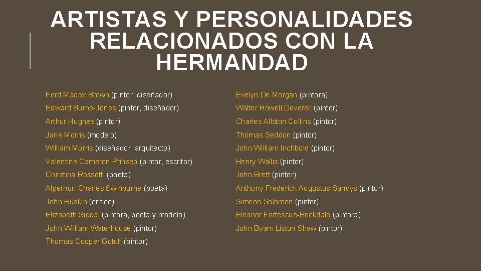 ARTISTAS Y PERSONALIDADES RELACIONADOS CON LA HERMANDAD Ford Madox Brown (pintor, diseñador) Evelyn De