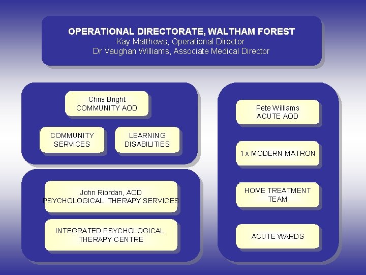 OPERATIONAL DIRECTORATE, WALTHAM FOREST Kay Matthews, Operational Director Dr Vaughan Williams, Associate Medical Director