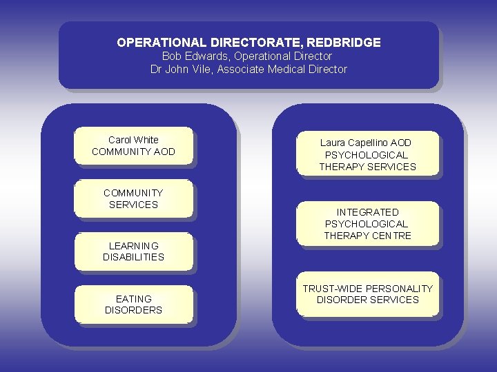 OPERATIONAL DIRECTORATE, REDBRIDGE Bob Edwards, Operational Director Dr John Vile, Associate Medical Director Carol