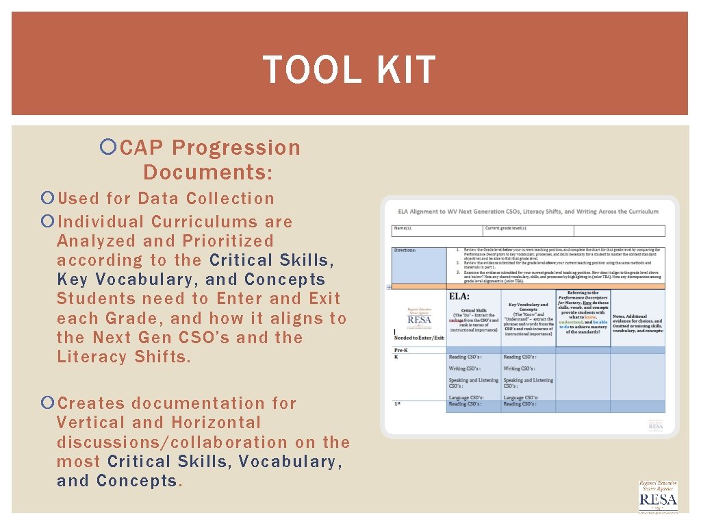 TOOL KIT CAP Progression Documents: Used for Data Collection Individual Curriculums are Analyzed and