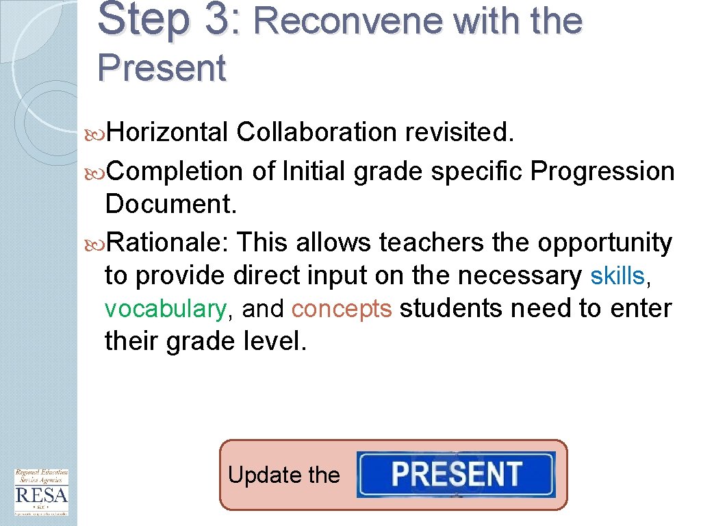 Step 3: Reconvene with the Present Horizontal Collaboration revisited. Completion of Initial grade specific