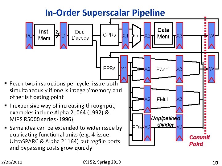 In-Order Superscalar Pipeline PC Inst. 2 D Mem Dual Decode GPRs FPRs X 1
