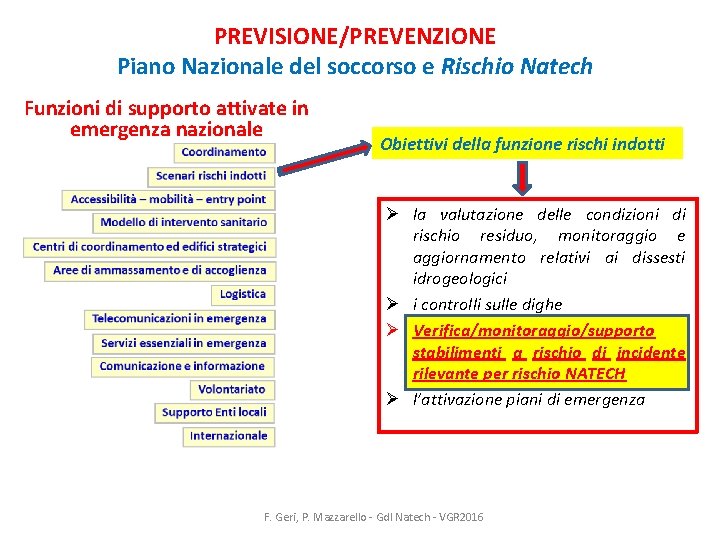 PREVISIONE/PREVENZIONE Piano Nazionale del soccorso e Rischio Natech Funzioni di supporto attivate in emergenza