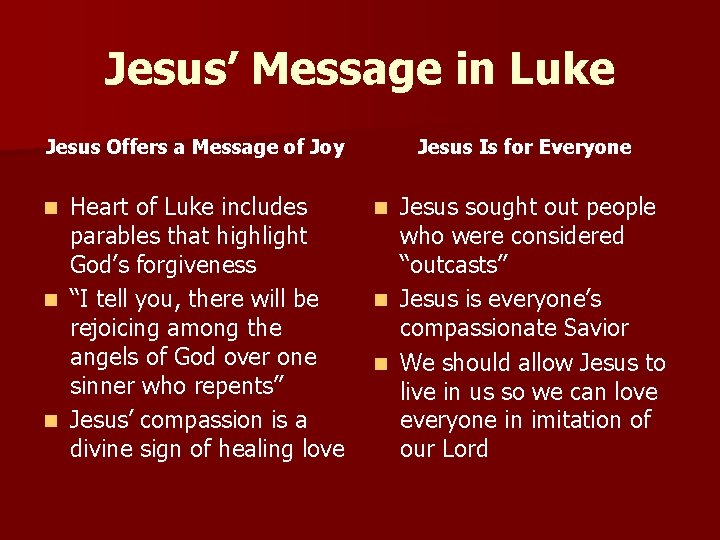 Jesus’ Message in Luke Jesus Offers a Message of Joy Heart of Luke includes