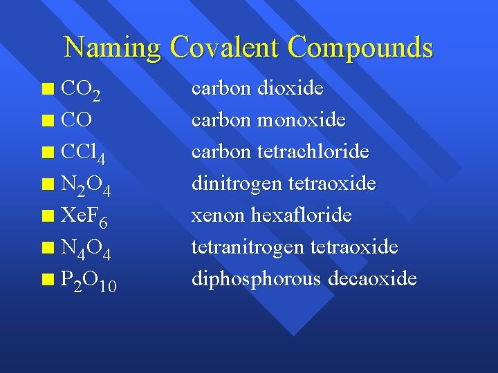 Naming Covalent Compounds CO 2 n CO n CCl 4 n N 2 O