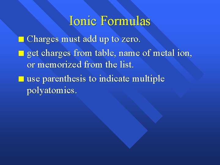 Ionic Formulas Charges must add up to zero. n get charges from table, name