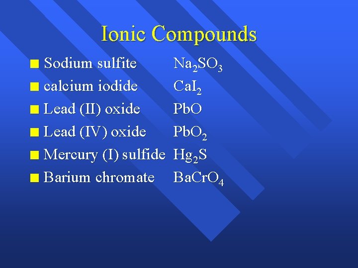 Ionic Compounds Sodium sulfite n calcium iodide n Lead (II) oxide n Lead (IV)