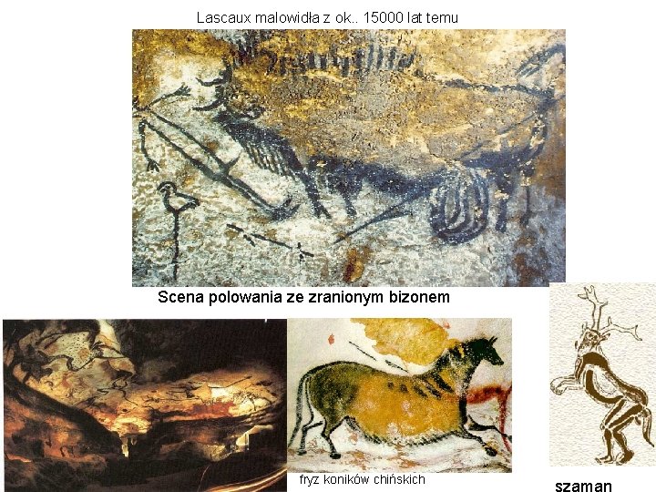 Lascaux malowidła z ok. . 15000 lat temu Scena polowania ze zranionym bizonem fryz