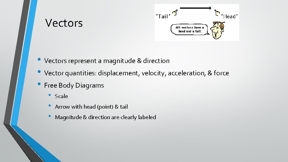 Vectors • Vectors represent a magnitude & direction • Vector quantities: displacement, velocity, acceleration,