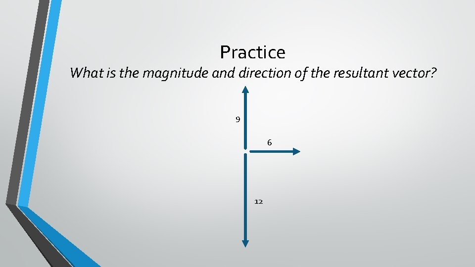 Practice What is the magnitude and direction of the resultant vector? 9 6 12