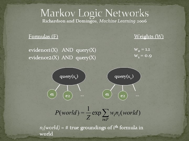 Markov Logic Networks Richardson and Domingos, Machine Learning 2006 Formulas (F) Weights (W) evidence