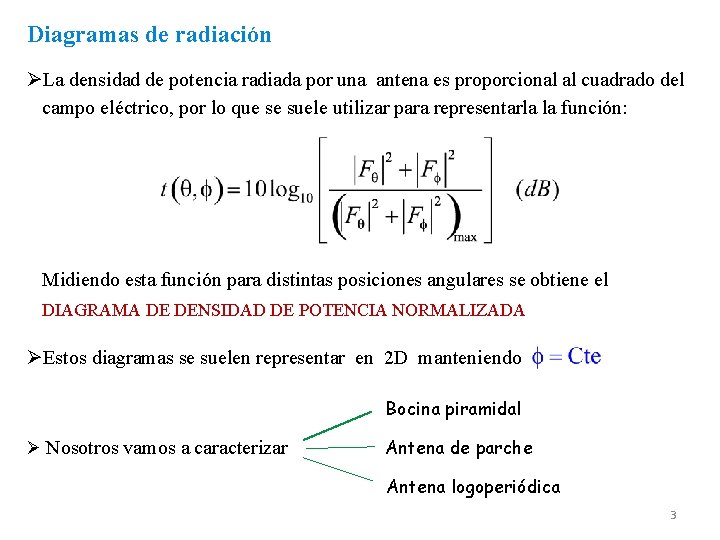 Diagramas de radiación ØLa densidad de potencia radiada por una antena es proporcional al